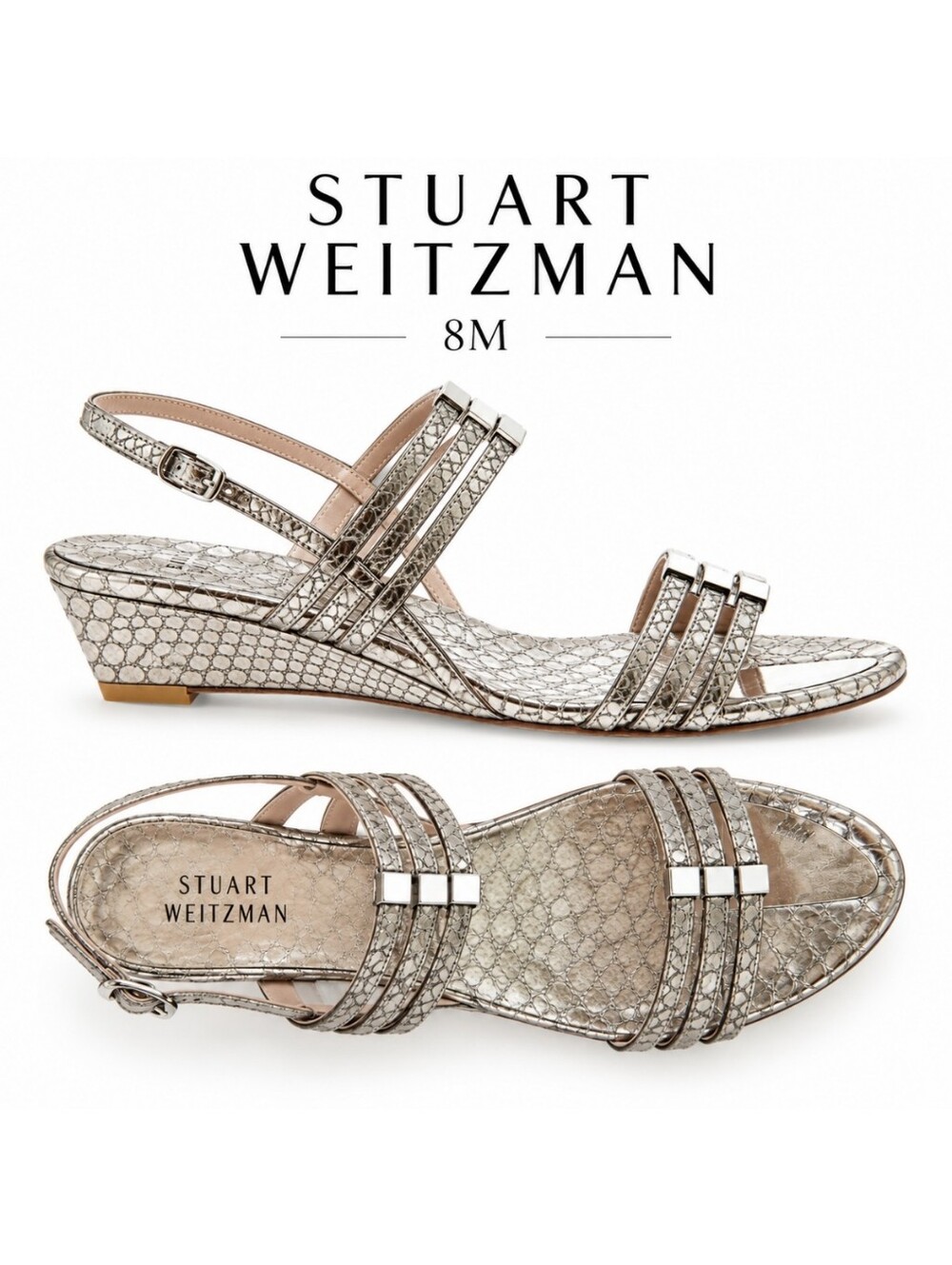 EUC Stuart Weitzman Genuine Leather Silver Strappy Low Wedge Sandals, Size 8M
